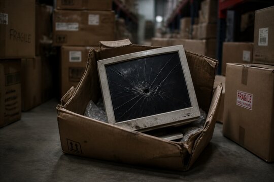 Broken monitor discarded in cardboard box inside warehouse