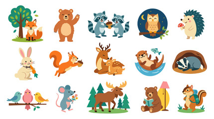 Obraz premium Cute Woodland Animals Vector Set, Flat Illustration Style