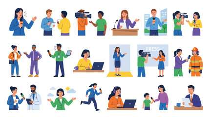 Fototapeta premium Flat Vector Illustration Set of Journalism and Media Professionals, Reporters, and News Broadcasters