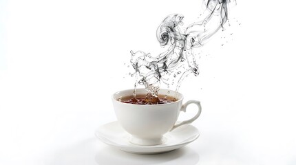 Fototapeta premium Coffee cup, steaming hot coffee, white ceramic cup, saucer, rising steam
