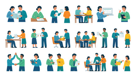 Fototapeta premium Business People Flat Vector Illustration. Corporate Professionals Collaborating, Meeting, and Working in Office Environment.