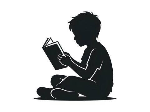 A Silhouette Illustration of a Young Child Sitting Cross-Legged While Diligently Reading an Open Book for Education and Learning Concepts