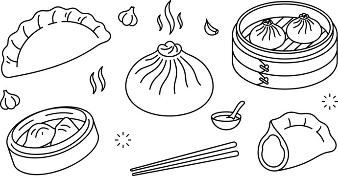 Dim Sum Dumpling Line Art Vector Icon Set for Asian Food Menu Designs