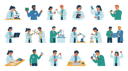 Fototapeta premium Flat Style Science and Research Flat Icons of Scientists Working in Lab