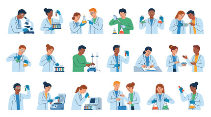 Fototapeta premium Diverse scientists in lab coats conduct experiments with microscopes and test tubes, flat vector art