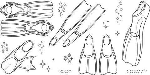 Diving Swim Flippers and Snorkeling Fins Vector Line Art Equipment Icon Set Elements © Mohammad