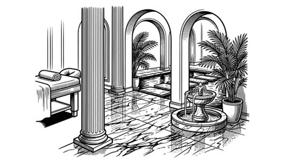 Obraz premium Luxury spa interior with columns and fountain illustration.