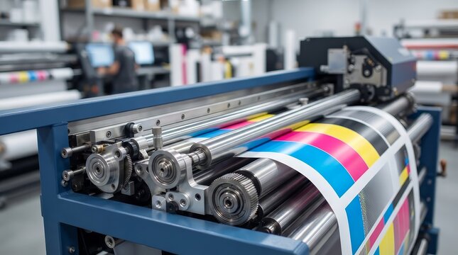 Industrial wide-format printer outputting CMYK color test patterns.