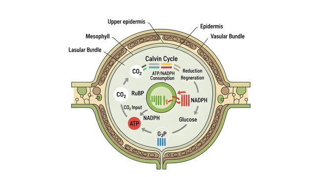 Calvin cycle photosynthesis in plant cell showing carbon dioxide ATP NADPH and glucose production.