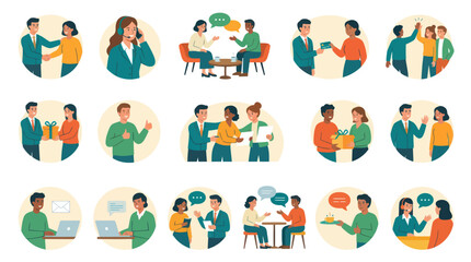 Fototapeta premium Business People in Flat Style, Meeting, Talking, Giving Gifts, Working