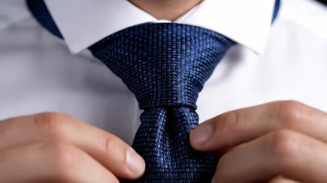 Man adjusting his blue tie before an important business meeting