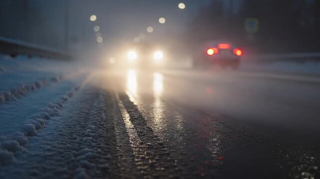 Cars Driving on Icy Wet Road at Night in Snowy Urban Traffic