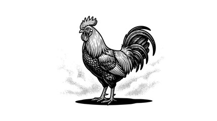 Rooster standing in field engraving graphic. © ria