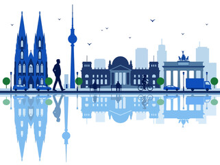 Germany City Skyline with Berlin and Cologne Landmarks and Water Reflection Illustration © Nita