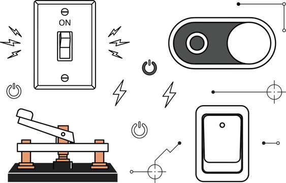 Electrical Power Switch and Toggle Button Icon Set with Line Art Vector Symbols