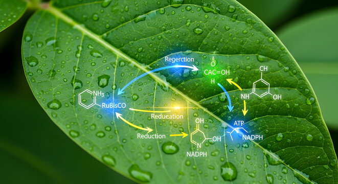 Calvin cycle biochemical pathway on green leaf surface with rubisco enzyme and atp synthesis illustration.