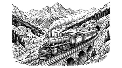 Steam train crossing mountain bridge in landscape. © ria