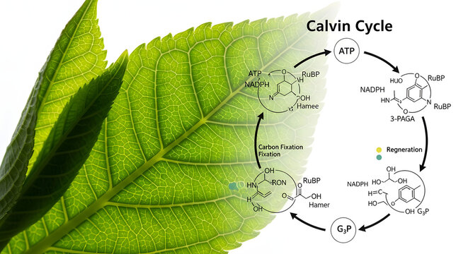 Calvin cycle diagram showing carbon fixation reduction and regeneration process.