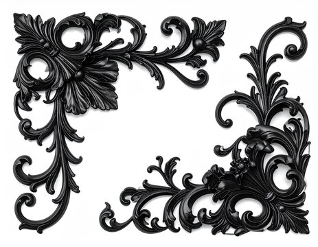 Elegant Black Ornate Corner Flourish Decorative Elements.