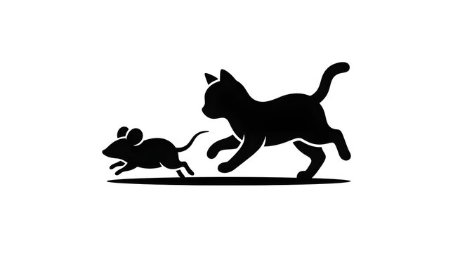 A minimalist black silhouette graphic featuring a playful cat chasing a small mouse running across a flat ground surface