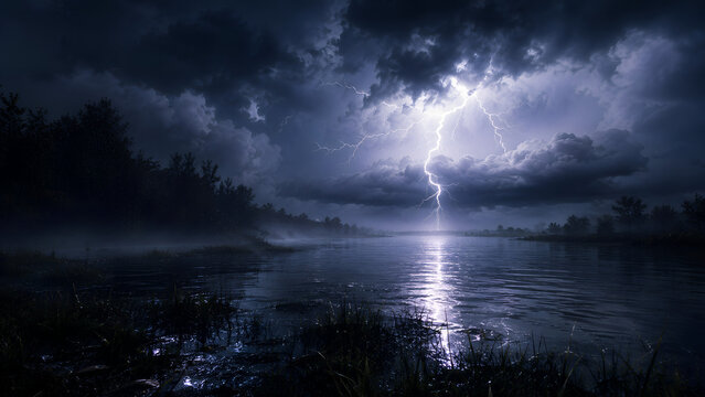 Intense Lightning Strike Reflected in Dark Lake Under Storm Clouds