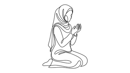 Obraz premium Continuous line art of a woman in hijab praying