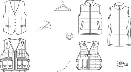 Fashion Male Vest Waistcoat Puffer Gilet and Tactical Utility Technical Line Art Set © Mohammad