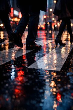 Low angle view of city commuters crossing a rain soaked crosswalk at dusk with neon reflections and cinematic atmosphere