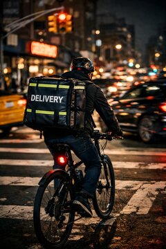 A food delivery cyclist navigating a busy city intersection at night with motion blur and prominent insulated delivery bag