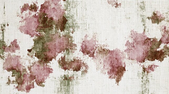 Abstract weathered seamless textured pattern with organic watercolor-style dusty pink and muted green splotches on rough canvas fabric backdrop, visible woven vertical and horizontal threads