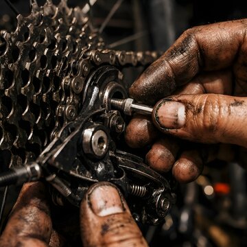 Macro shot of a mechanic's hands adjusting a bicycle gear with visible chain, grease stains and dramatic garage lighting