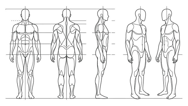 Anatomy reference guide showing multiple male human body views with proportions