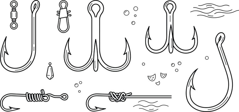 Fishing Hooks Set with Treble Hook Tackle Swivel Knot and Angling Equipment Vectors