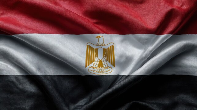 Egypt flag made of satin fabric waves gently in the light to showcase the golden eagle emblem centered on the tricolor horizontal stripes of red white and black.