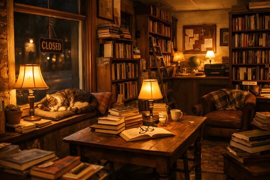 Wide angle interior of a cozy independent bookstore at closing time with warm lamp light and a sleeping cat on the windowsill