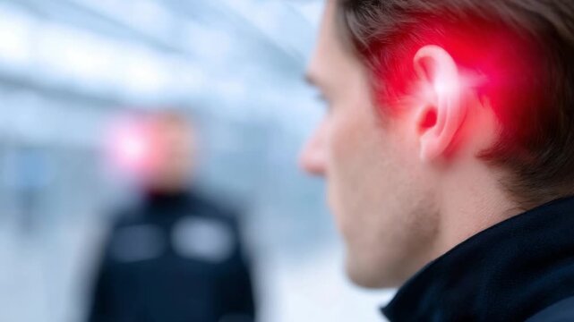Discover an intriguing close-up scene featuring a man with a glowing ear. This footage embodies a high-tech essence and fits well in modern media. Make your project stand out. AI
