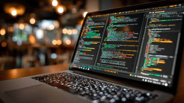Open laptop displaying colorful code, blurred restaurant background