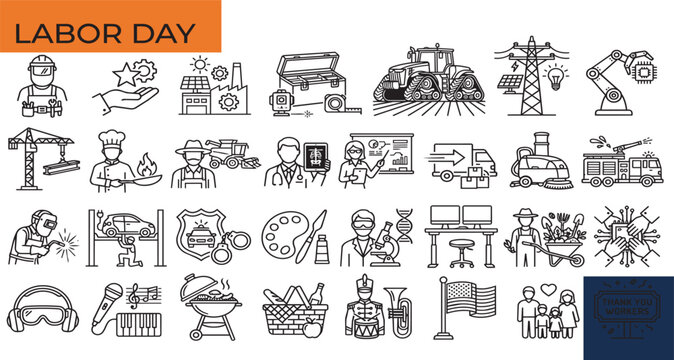 Workplace occupations and industrial labor day line icon set with industry.