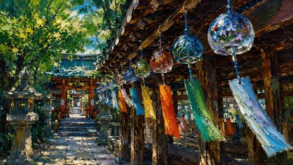 Fototapeta premium 日本の夏の神社、木漏れ日が差す参道の軒下に涼しげな風鈴が多数吊るされた美しい油絵風風景