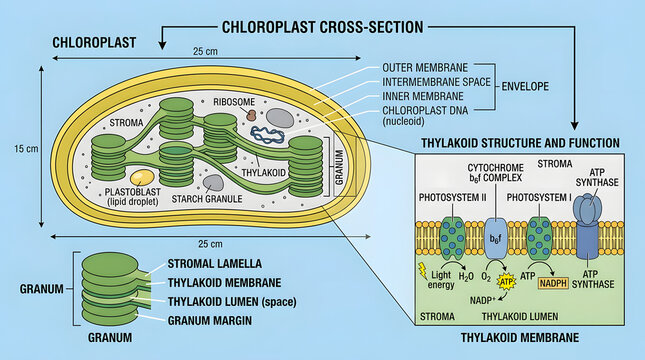 Chloroplast cross section and thylakoid membrane function infographic for photosynthesis education.