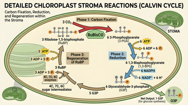 detailed chloroplast stroma reactions calvin cycle carbon fixation reduction and regeneration within stroma.