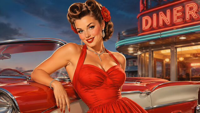 Retro Pin-Up Woman in Red Dress Beside Classic Car at American Diner