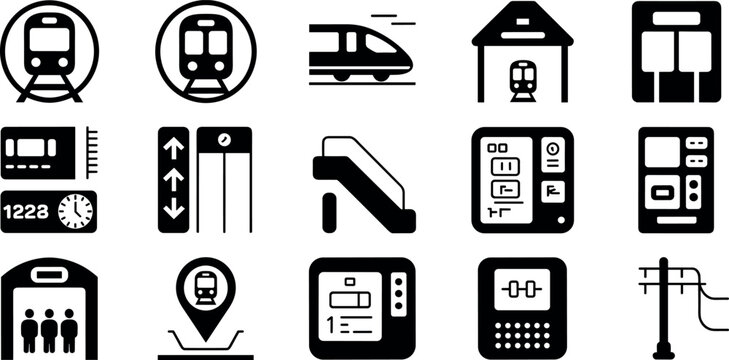 Set of flat train and subway station icons featuring transit logistics, tickets, platform elements, and public transportation symbols.