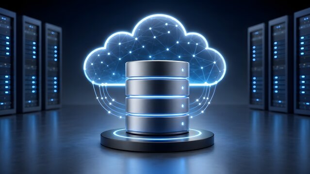 Cloud computing network data center server infrastructure with glowing holographic connectivity lines representing secure digital storage and big data analytics