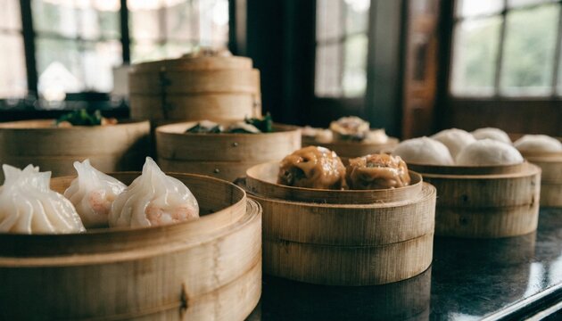 Steamed dim sum in bamboo baskets. Asian dumplings served in steamers. Traditional Chinese food culture.