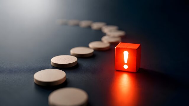 Glowing red cube with exclamation mark at the end of wooden token trail symbolizing business risk management critical alert and strategic problem identification