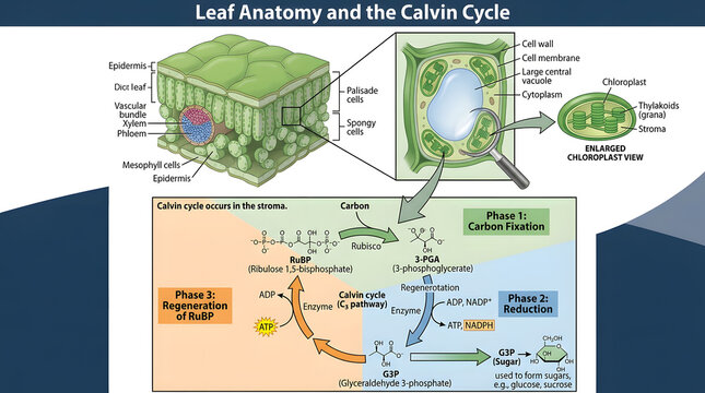Leaf anatomy and calvin cycle scientific diagram showing photosynthesis process in plant mesophyll cells.