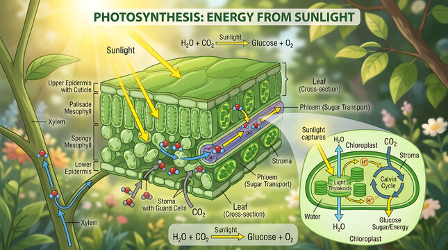Educational poster showing photosynthesis energy from sunlight with chemical equations and leaf anatomy.