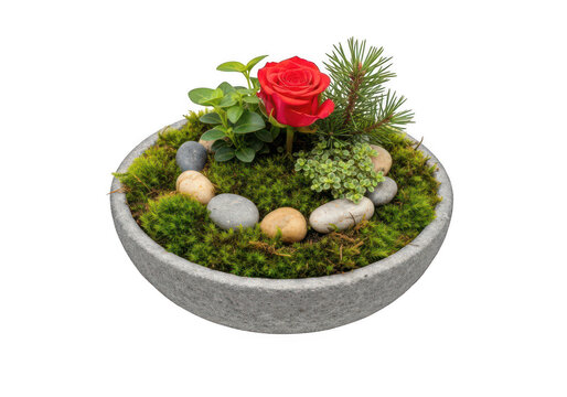 Small round bowl with a red rose flower and green moss and smooth garden stones