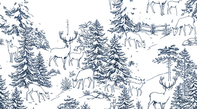 Vintage hand drawn winter forest seamless pattern with wild deer herd standing among pine trees background